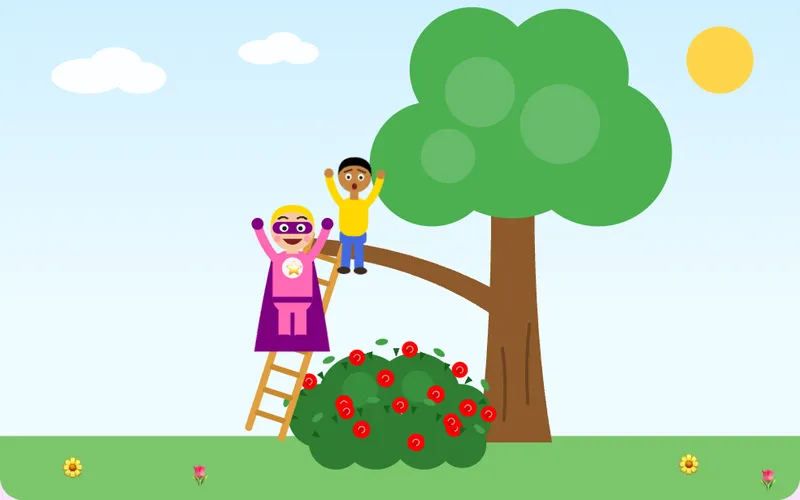 A superhero on a ladder next to a tree with a thorny rose bush