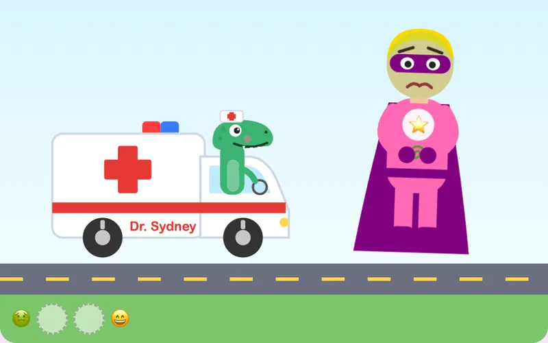 A T-Rex driving an ambulance up to a superhero with a tummy ache